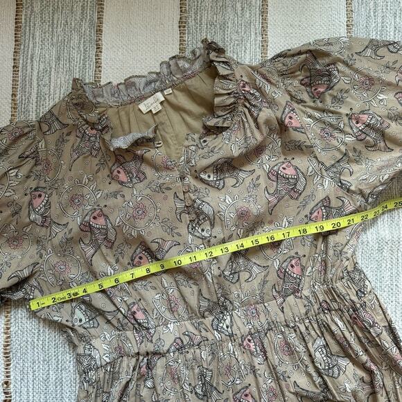 Let Me Be Anthropologie Celeste Fish Print Peasant Puff Sleeves Mini Dress 14 - Picture 9 of 14